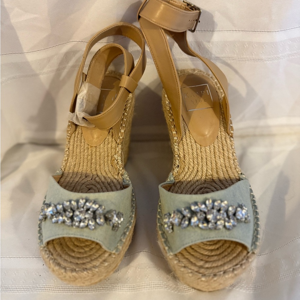 Kaari Blue Tan and Cream Embellished Wedge Heels